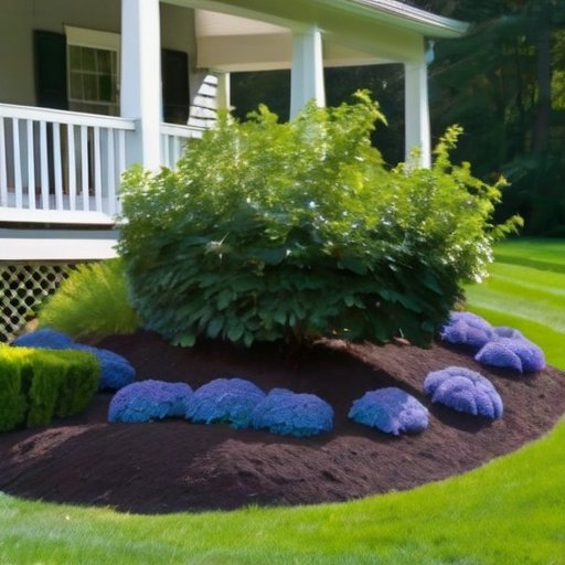 Цветущий куст черники в ухоженной грядке с сочными ягодами и зелеными листьями.