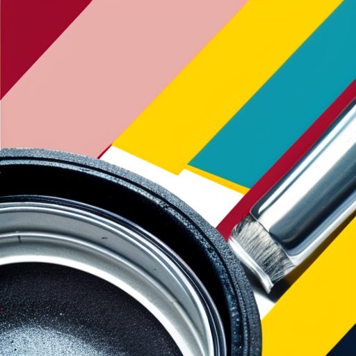 Палитра красок с банками, инструментами и яркими цветами.