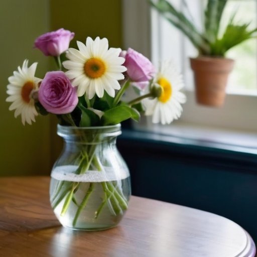 Стеклянная ваза с ярким букетом цветов на деревянном столе, рядом три контейнера с образцами воды.