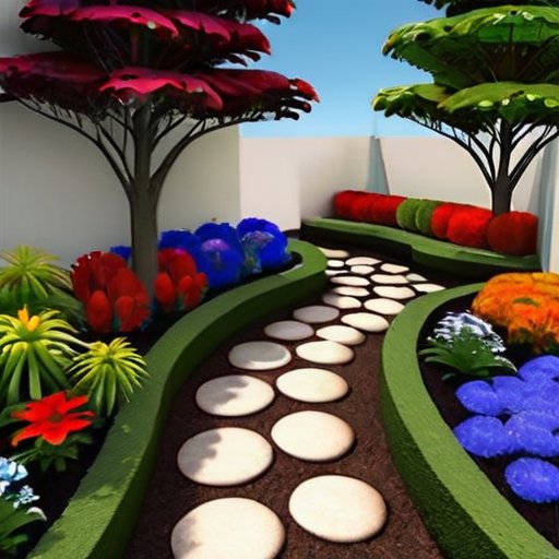 Яркий сад с разнообразными цветами: однолетники на солнце, многолетники в зелени и тенелюбивые растения под деревом.