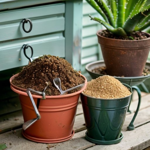 Организованная станция для пересадки с компонентами для почвы алоэ вера: песок, перлит, вермикулит, кокосовый коир, инструменты и растения.