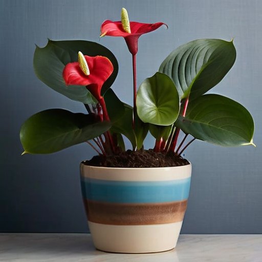 Яркий антуриум в стильном интерьере с компонентами почвы и инструментами для ухода.