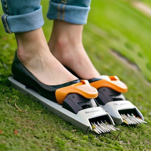 Садовая сцена с тремя типами триммеров: электрическим, бензиновым и аккумуляторным, окруженная зеленью и цветами.