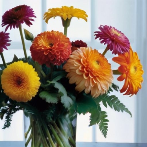 Яркий букет из хризантем, лилий и альстромерий в стеклянной вазе с инструментами для ухода за цветами.