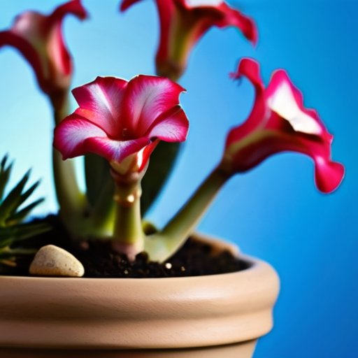 Красиво оформленный адениум с яркими розовыми цветами в декоративном горшке на фоне солнечного сада.