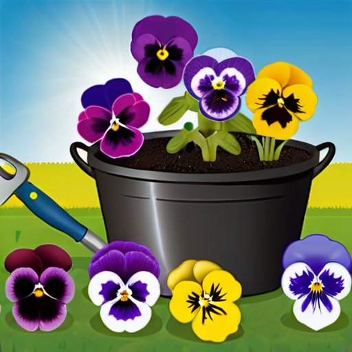 Яркий сад с цветущими пансиами, подготовленная грядка с пакетами семян и садовыми инструментами на фоне ясного неба.