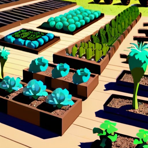 Солнечный овощной сад с рядами здоровых картофельных растений, деревянным ящиком с семенами и садовыми инструментами.