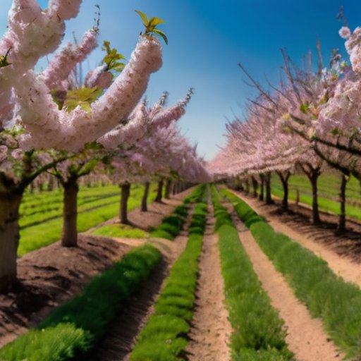 Цветущий вишневый сад с яркими деревьями, спелыми вишнями и ясным небом.