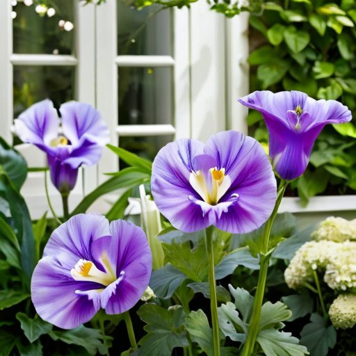 Цветущий сад с яркими синими и фиолетовыми эустомами, инструментами для садоводства и мягким солнечным светом.