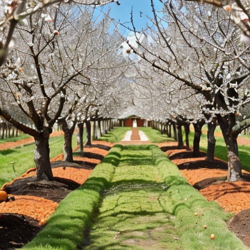 Сад с персиковыми деревьями, плодами и инструментами для ухода на фоне холмов и ясного неба.