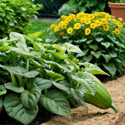 Яркий овощной сад с зелеными растениями цуккини и цветами.