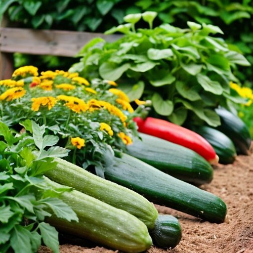 Яркий овощной сад с цветущими кабачками, ухоженной почвой и садовыми инструментами.