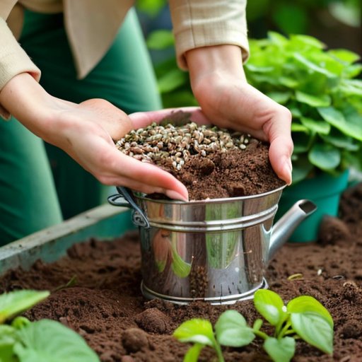 Серене садовая сцена с семенами каштана в горшках, зелеными листьями и инструментами для садоводства.