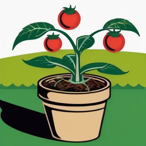 Рослый томатный куст с крепким стеблем на солнечном огороде, окруженный богатой почвой, лейкой и удобрениями.