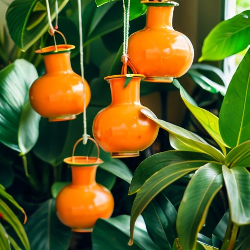 Яркий внутренний сад с мандариновыми деревьями, солнечный свет и инструменты для ухода.