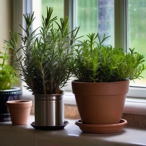 Яркий домашний сад с розмарином на подоконнике, инструменты для садоводства и уютная атмосфера.