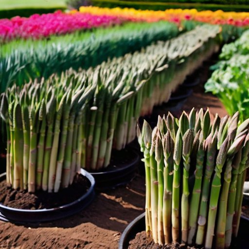 Солнечный сад спаржи с зелеными растениями и яркими компаньонами, символизирующий изобилие и увлечение садоводством.