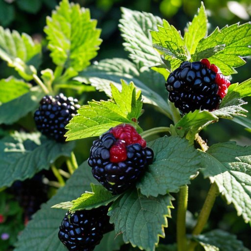 Плодоносящий куст ежевики в солнечном саду с зелеными листьями, табличкой с сортами и садовыми инструментами.