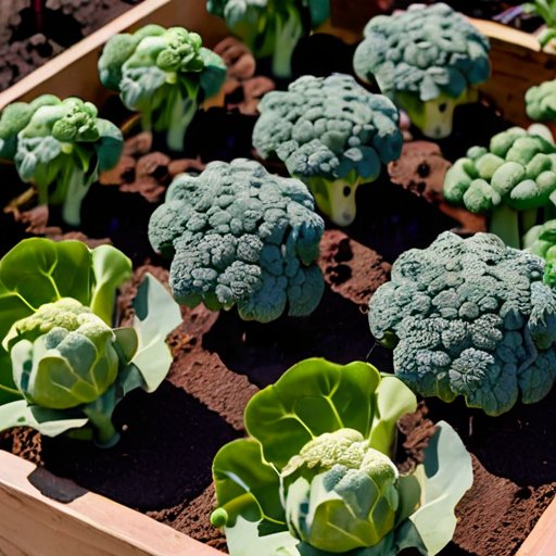 Солнечный сад с здоровыми растениями брокколи, ухоженные ряды, инструменты для садоводства.