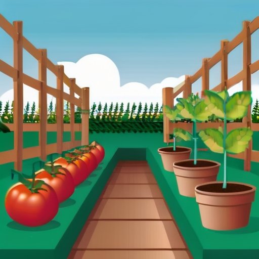 Солнечный сад с томатами разных стадий роста, ухоженная земля, лейка и шпатель.