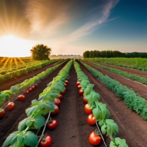 Сад с яркими томатами, здоровыми растениями и знаками по уходу, на фоне солнечного неба.