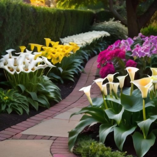 Яркий сад с цветущими каллами разных цветов и ухоженной дорожкой.