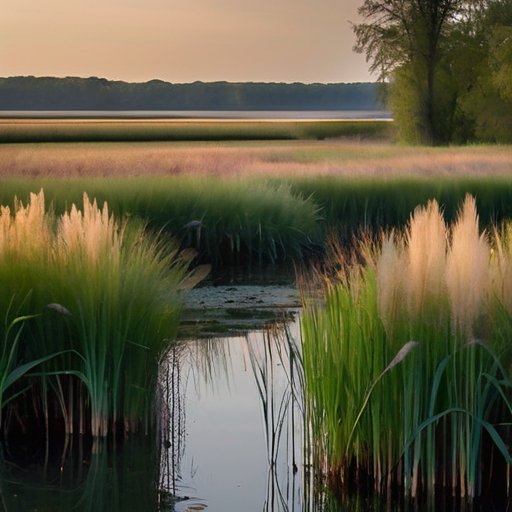 Зеленые камыши на фоне спокойного водоема, отражающего яркие цвета, подчеркивающие экологическое богатство среды.