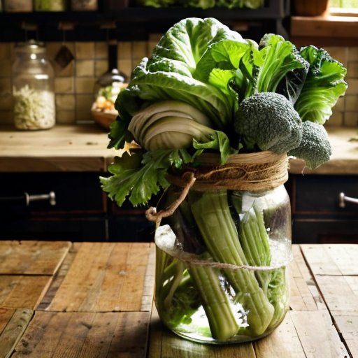 Рустикальная кухня с банкой квашеной капусты, свежими овощами и зеленью.