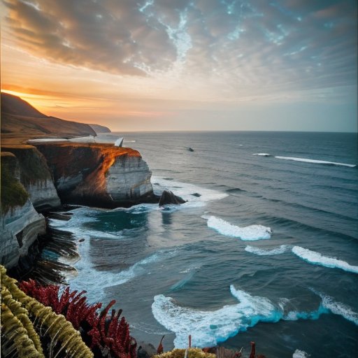 Красивая прибрежная сцена с каменистым берегом, яркими водорослями и стилизованной рыбой катран на дне моря.