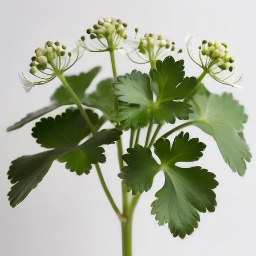 Кинза с ярко-зелеными зубчатыми листьями, стройными стеблями, нежными белыми цветами и круглыми семенами.