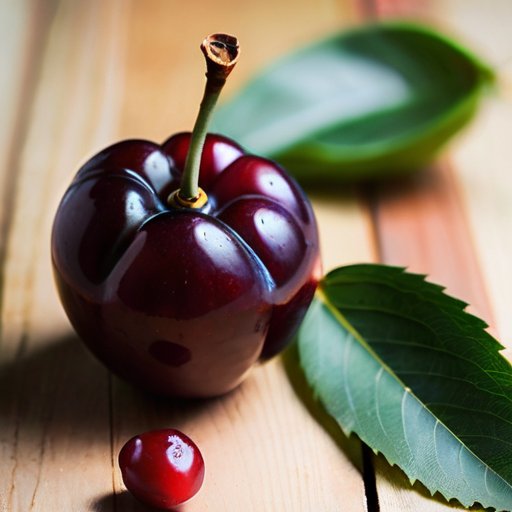 Яркая спелая вишня (кизил) на деревянном столе с зелеными листьями, rustic нож и чаша с фруктами на фоне корневого дерева.