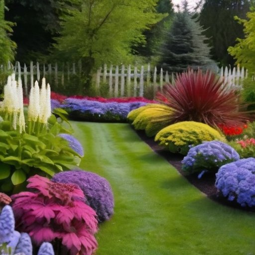 Яркий сад с цветущими княжиками, разнообразные цвета и зелень, инструменты для садоводства.