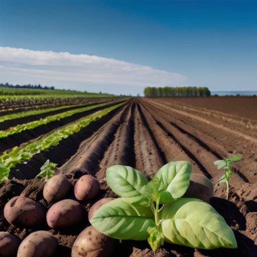Картофельное поле перед сбором урожая с зелеными листьями, виднеющимися из темной земли, под ясным небом. Рядом - традиционные инструменты для фермерства.