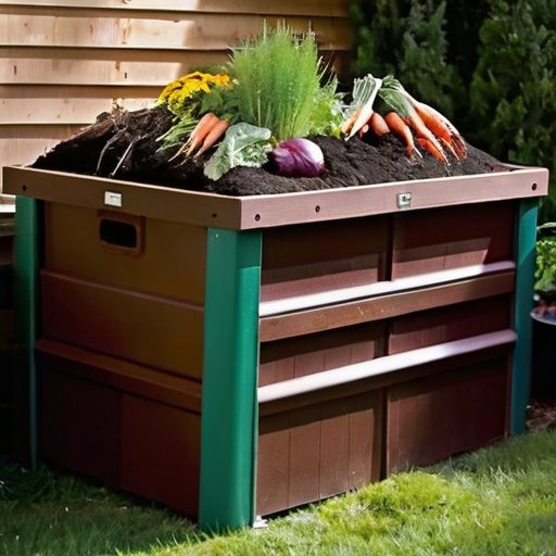 Компостная яма в саду, наполненная слоями компоста и растительными остатками, окруженная цветущими растениями.