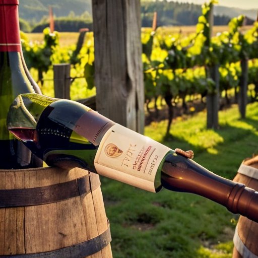 Сцена виноделия с акцентом на контроль сахара: деревянная бочка, стакан красного вина, рефрактометр и виноградники на фоне.