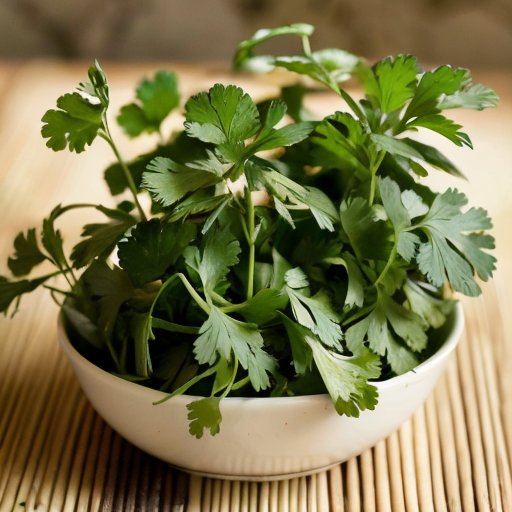 Свежий кориандр с зелеными листьями и белыми цветами на фоне семян в rustic кухне.