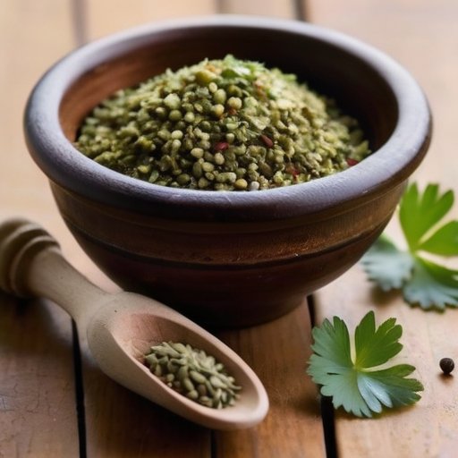 Кинза с зелеными листьями и белыми цветами на фоне солнечного огорода, с крупным планом семян на деревянной поверхности и элементами кулинарного использования.