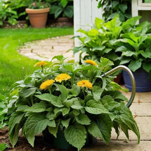 Сочный сад с крапивой на переднем плане, здоровыми овощами и цветами на заднем фоне, рядом с металлическим лейкой.