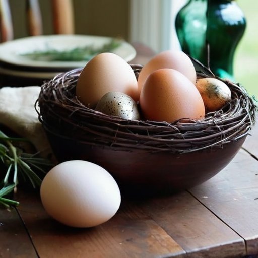 Деревянный стол с окрашенными яйцами и натуральными материалами.