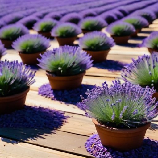 Спокойный лавандовый сад с яркими фиолетовыми растениями, деревянным инструментом, лейкой и горшком с семенами лаванды на фоне ясного голубого неба.