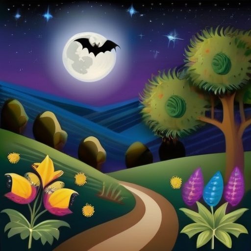 Пышная экосистема с фруктовыми деревьями, цветами и ночным небом.