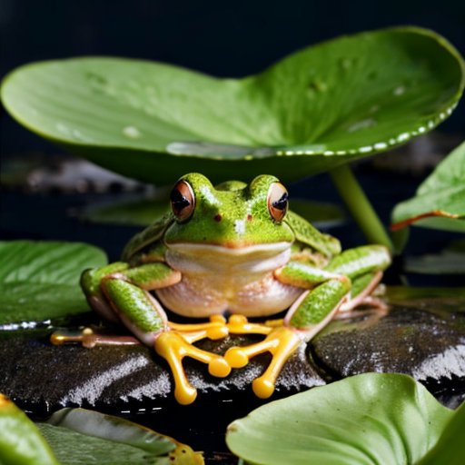 Спокойный водно-болотный ландшафт с различными лягушками среди зелени и воды.