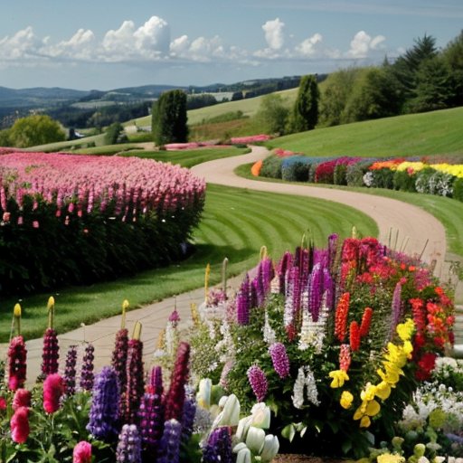 Яркий сад с цветущими люпинами разных цветов на фоне холмов и ясного неба.
