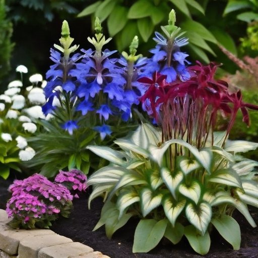 Яркий цветник с различными лобелиями в полном цвете на фоне спокойного сада.