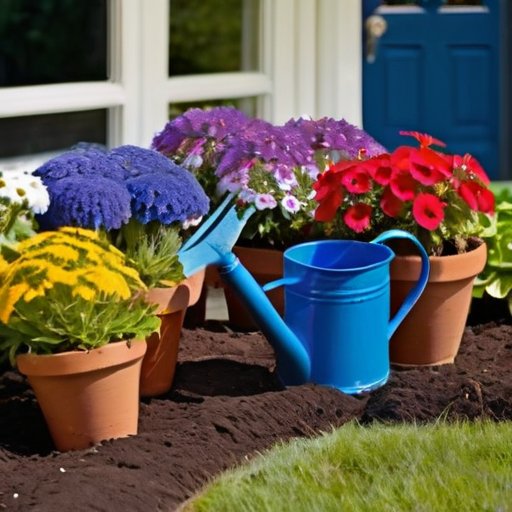 Яркий сад с цветущими лобелиями, садовыми инструментами и солнечным небом.