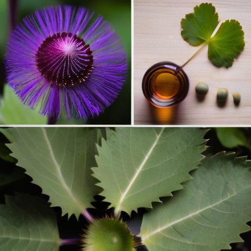 Лопух с зелеными листьями и фиолетовыми цветами на фоне природы, рядом с корнем, травами и ингредиентами для здоровья.