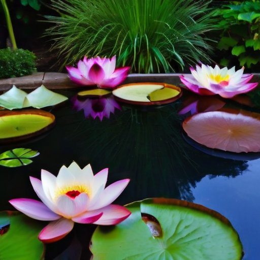 Спокойный садовый пруд с цветущими лотосами, окружённый зеленью и элементами разных климатов.