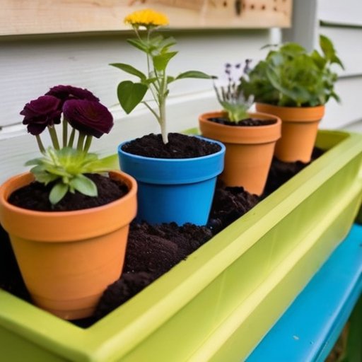 Солнечный садовый рабочий уголок с пакетами семян, подготовленной почвой и здоровыми саженцами.