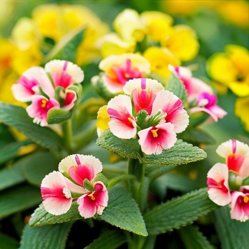 Яркий сад с цветущими антирринумами (snapdragon) разных цветов на фоне зелени и солнечного света.