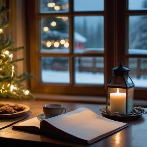 Уютная новогодняя обстановка с ёлкой, свечой и чаем.